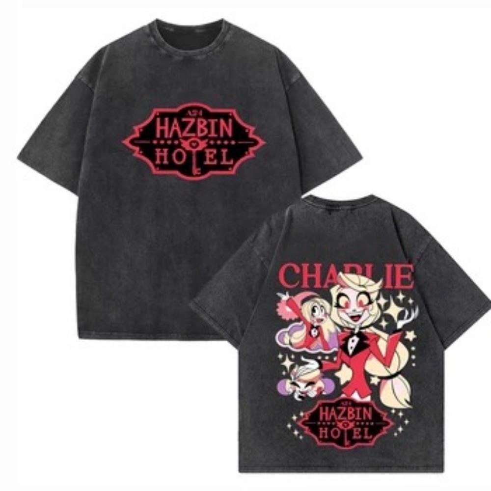 Animace Hazbin Hotel Grafický Potisk Vybledlé Tričko Ležérní Bavlněné Tričko Harajuku Móda Trendy Oversized