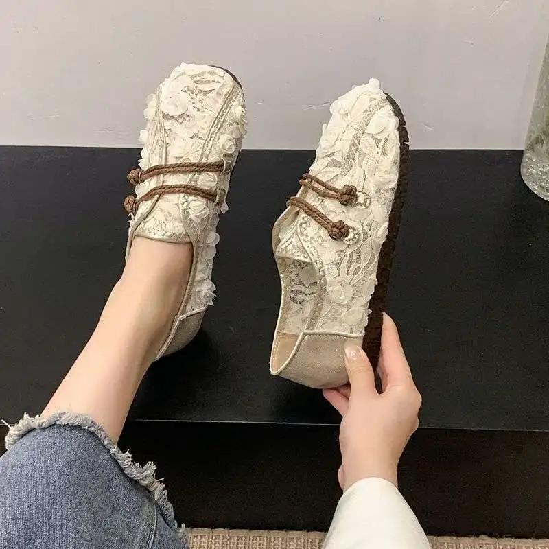 Fashion Lace Mesh Fisherman's Shoes Women's Summer Wear 2025 New Summer Style Beef Tendon Sole Bean Shoes Large Size Single Shoes