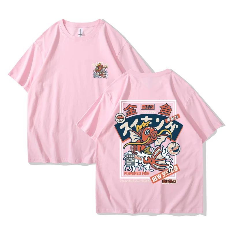 Unisex Red Koi Print Short Sleeved Round Neck Tshirt Japanese Style Harajuku Hip-hop Streetwear Shirt Summer Women Shirt