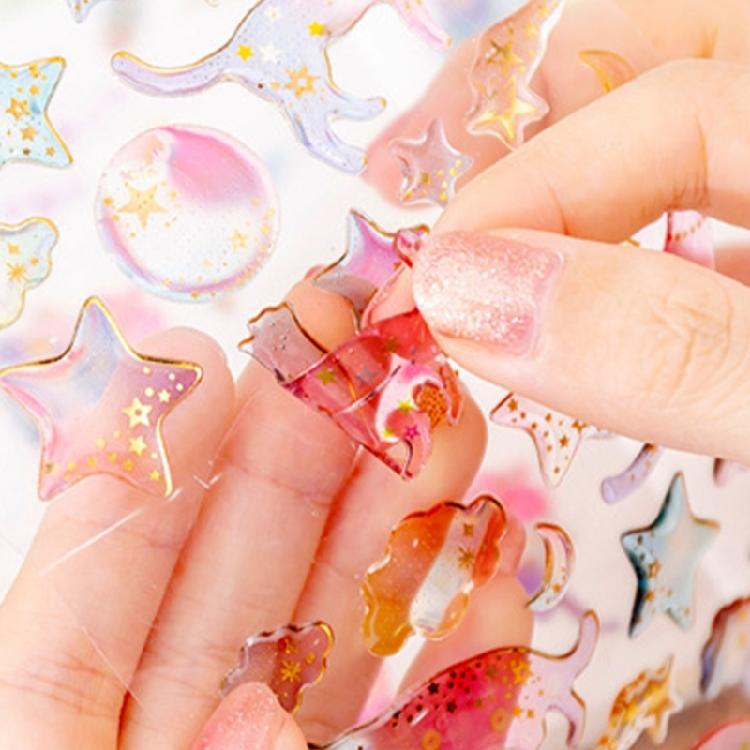 6Sheets Gold Foil Embossed Sticker Clear Cartoon PVC Resin Decorative Sticker for Journal Notebook Scrapbooking Supplies