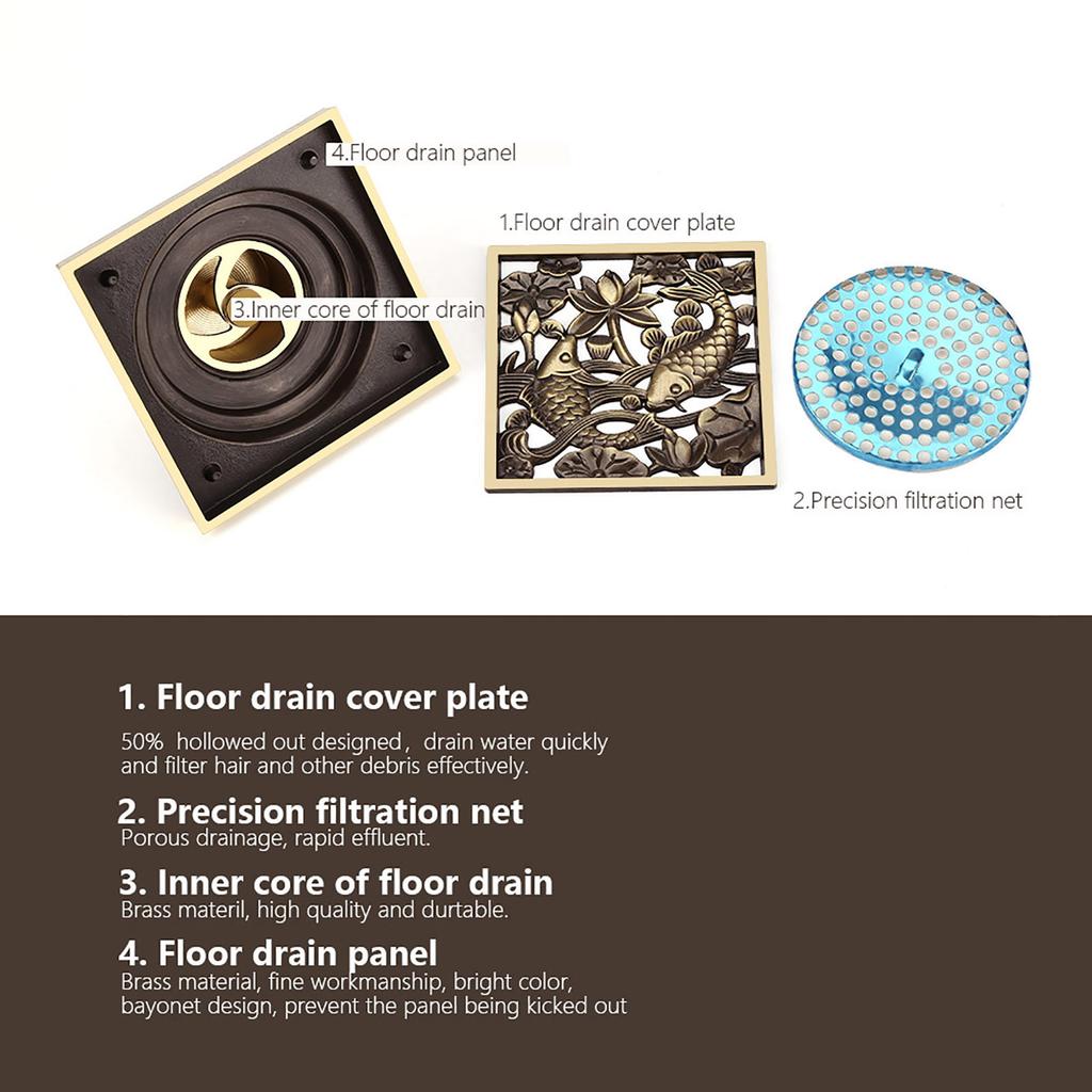 Antique Brass Square Floor Drain with Strainer Bathroom Washroom Drainage & Clean Accessories
