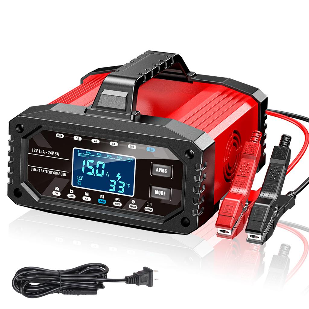 12V 24V Tragbarer Batterieerhalter, 15A Netzteil mit Auto AGM Ca LiFePO4 Moto Reparaturversorgungsmodi, LCD-Anzeige,