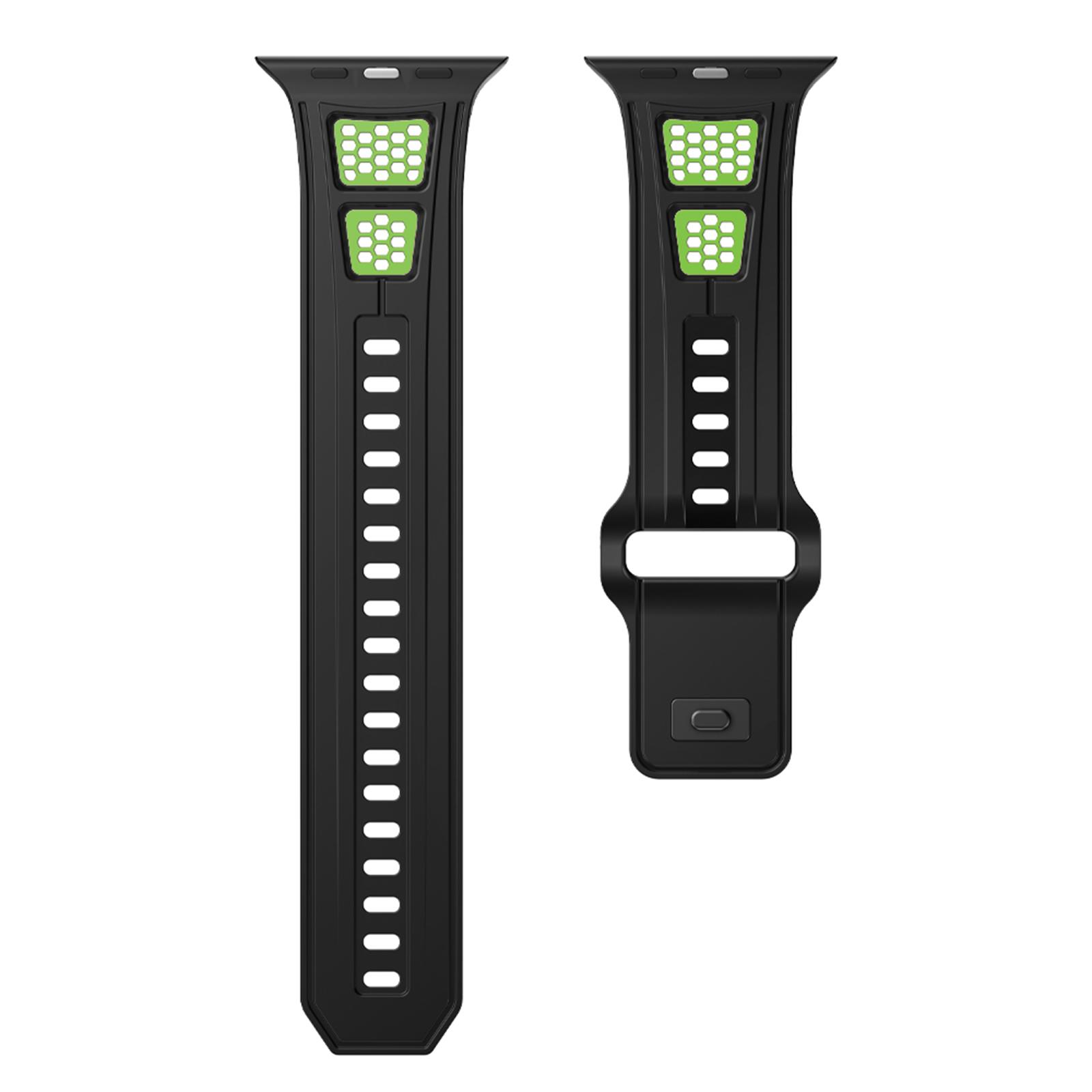 

Sporty Watch Band for Apple Watch Series 10 9 8 7 SE 6 5 4 3 2 1 42mm 41mm 40mm 38mm Dual Color Holes Design Silicone Strap Black+Green