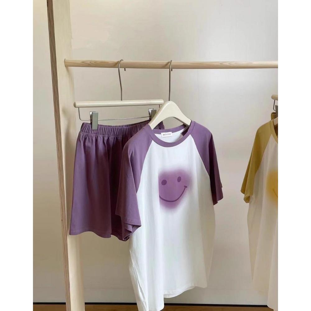New Summer Color-blocking Short-sleeved Pajamas Set for Women's Gradient Smiley Face Sweet and Cute Cartoon Thin Style