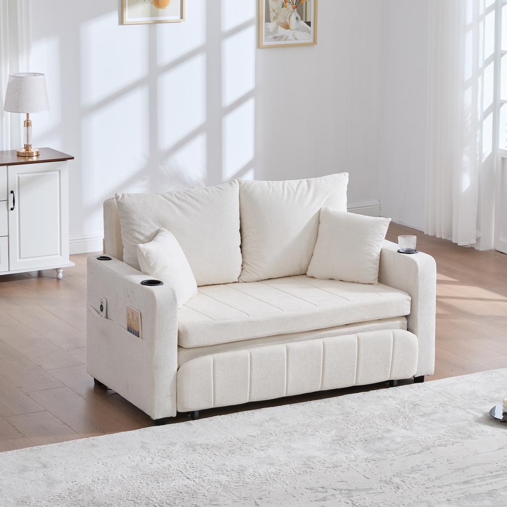 Multifunctional Sofa, Folding Sofa, Usable as Sofa or Bed, Storage Pockets on Armrests, USB Charging Function and Drink Holders (Beige Chenille)