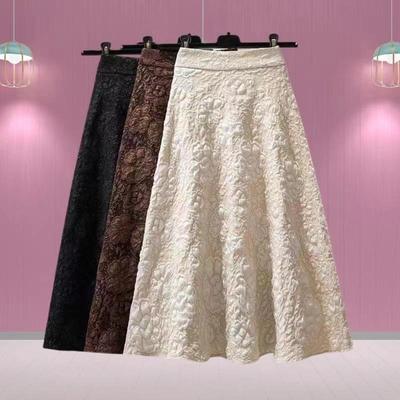 Retro High-Waisted Floral Flare Skirt with Hollow-Out Design