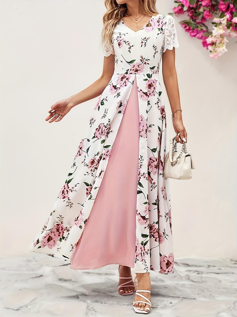 women's v neck lace short sleeve floral print overlay split maxi a line dress elegant wedding guest long gown
