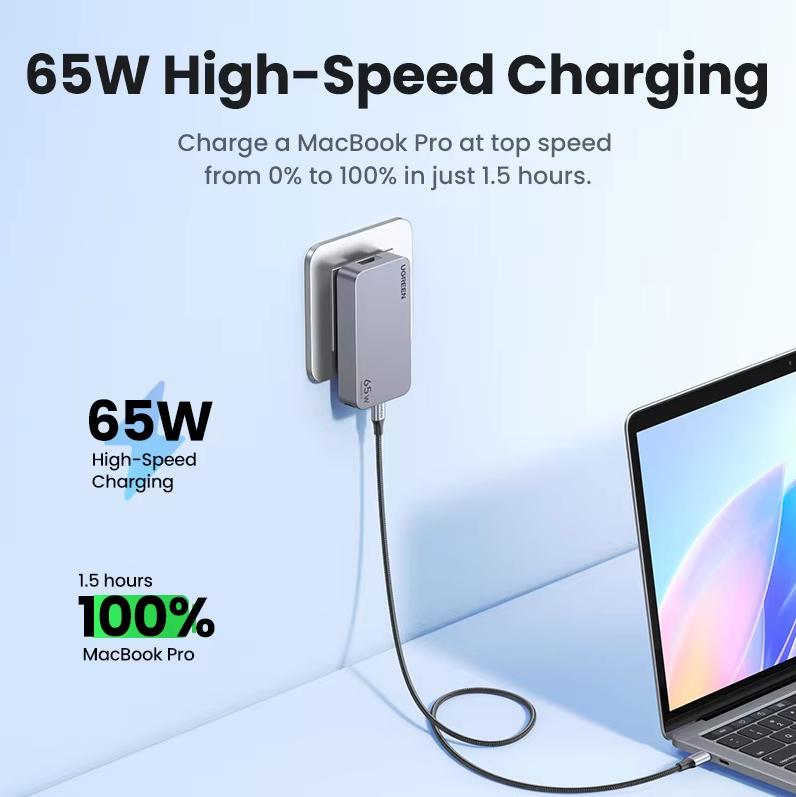 Ugreen Зарядное устройство 65 Вт из нитрида галлия PD многопортовое Type-C головка для быстрой зарядки, совместимая с Apple 16, MacBook Pro, ноутбуком