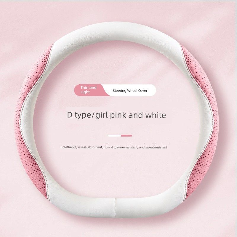 

Car Steering Wheel Cover, Universal for All Seasons, Perforated, Non-Slip, Cool and Breathable for Summer, Trendy High-End D-Shaped, for Women 38 cm Girly Pink White-D Type