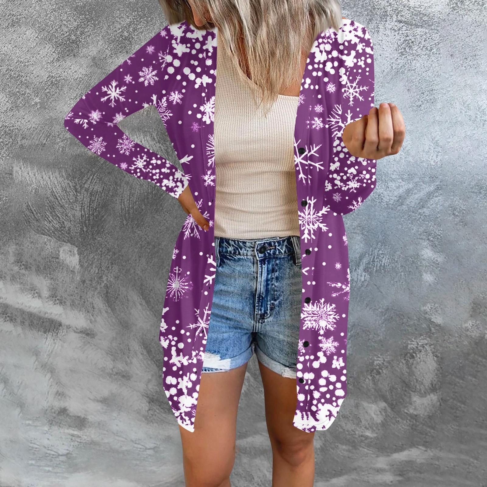 

Длинный рукав Женский ретро принтованный топ Легкий базовый свободный жакет Кардиган Повседневные рубашки Рождество XXL фиолетовый