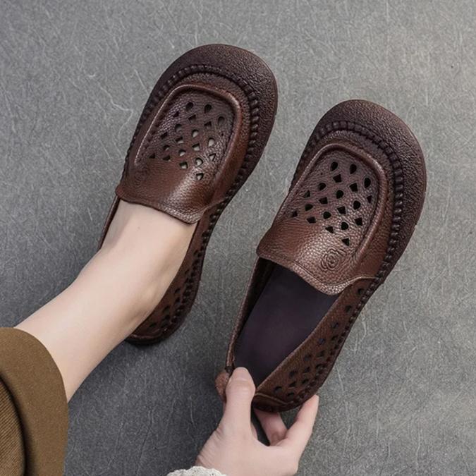 Johnature Hollow-out Breathable Flats Genuine Leather Comfortable Loafers Retro Versatile Women's Shoes