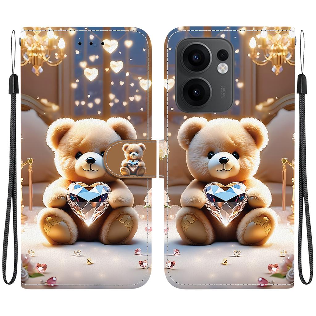 Handmade PU Leather Flip Case for Oppo Reno13 F/Reno13 F 4G Anti-Slip Shockproof Cover with Wrist Strap & Heart/Rose Cat Designs