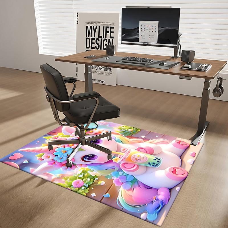 1pc Anime Unicorn Flower Crown Chair Mat - Office Desk Pad with Bubble Tea Design, Non-Slip Carpet for Home Decor, Suitable for All Seasons, Perfect G
