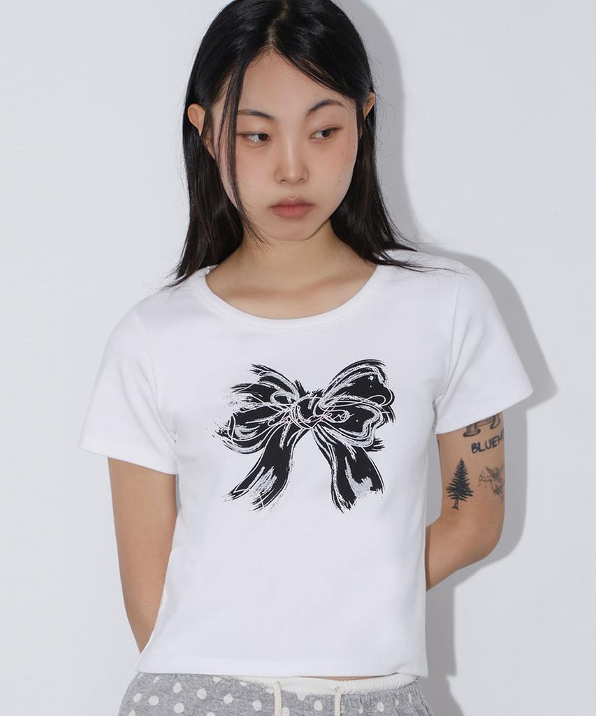 CHICKS Black Ribbon Crop Short Sleeve Tee White