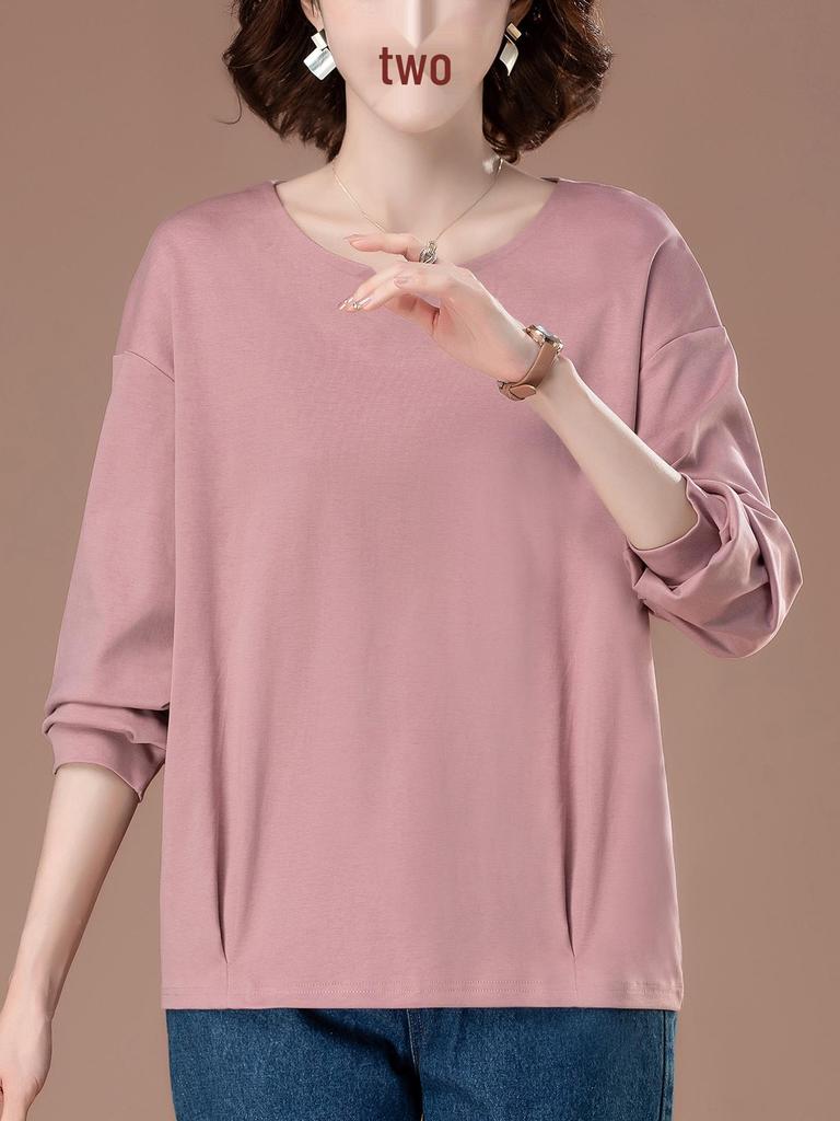 Midlife Mom's Plus Size Long-Sleeve Cotton Shirt - Loose Fit, Slimming, Versatile for Spring/Autumn