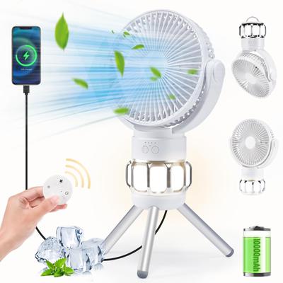 Ventilateur de camping portable 3 en 1 alimenté par batterie avec lanterne LED, minuterie de 8 heures, rotation à 270°, batterie rechargeable 10 400 mAh