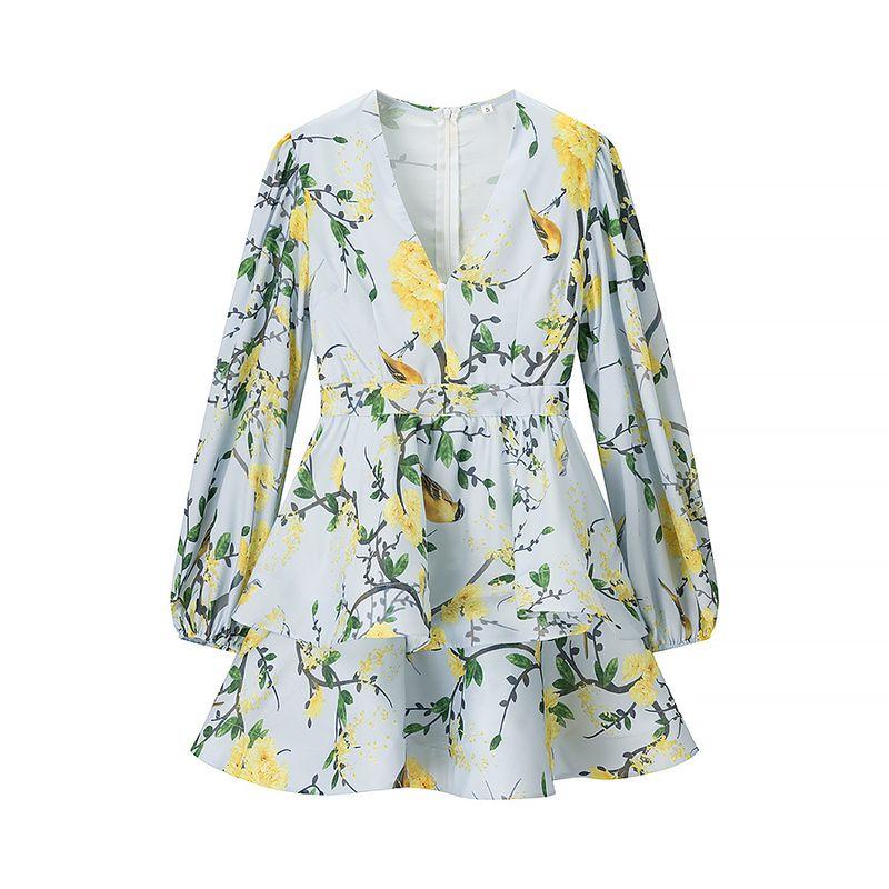 

Kaslead New Women clothes Western Style Fashion Simple Puff sleeve Print V-neck Lantern Sleeve Dress Yellow green flower color L