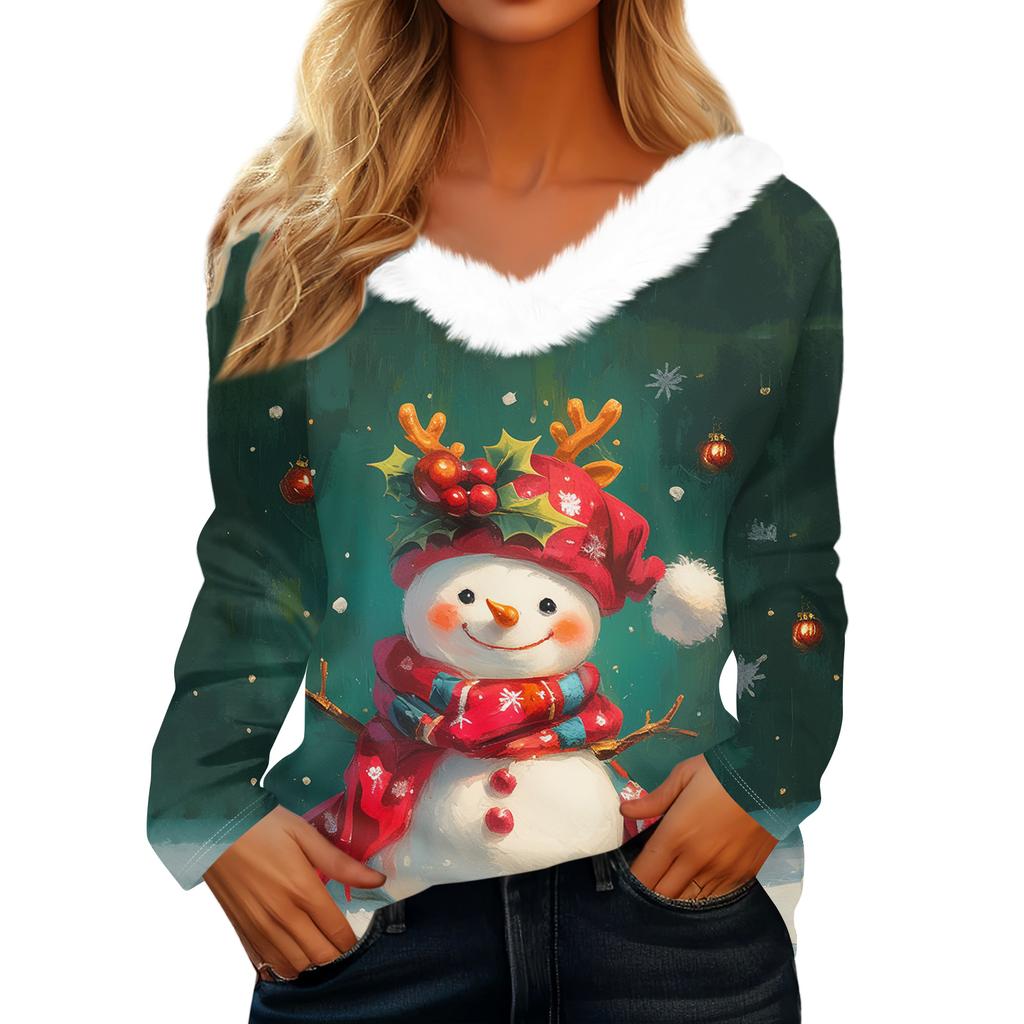 Women's Christmas Printed Long Sleeved Party Plush Neck V-neck Top