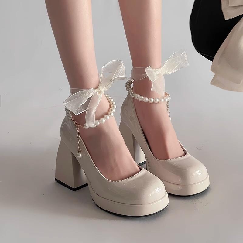 Pearl Thick Heel Single Shoes High Heels Women's 2025 Spring New French Fairy Style Heightened Simple Mary Jane Shoes