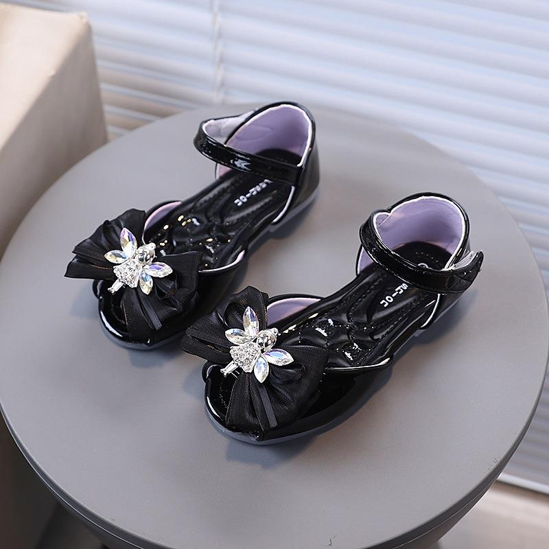 Girls' Angel Button and Bow-Decorated Patent Leather Soft-Sole Princess Shoes / Fish-Mouth Children's Princess Sandals