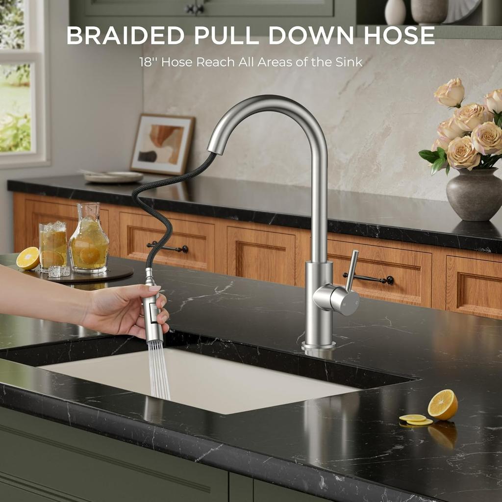 Brushed Nickel Kitchen Faucet with Pull Down Sprayer, Stainless Steel High Arc Gooseneck Modern Sink Faucet with Ceramic Cartridge, Single Handle
