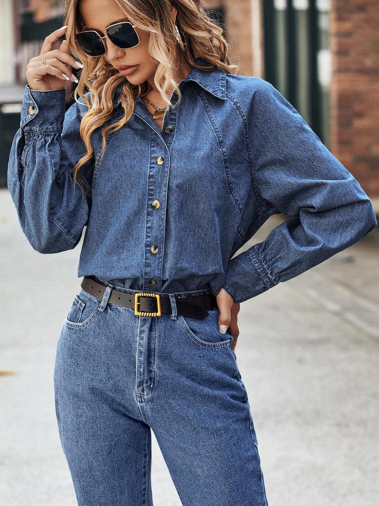 Women's Retro Raglan Sleeve Denim Shirt - Spring/Autumn Fashion Long Sleeve Cotton Top