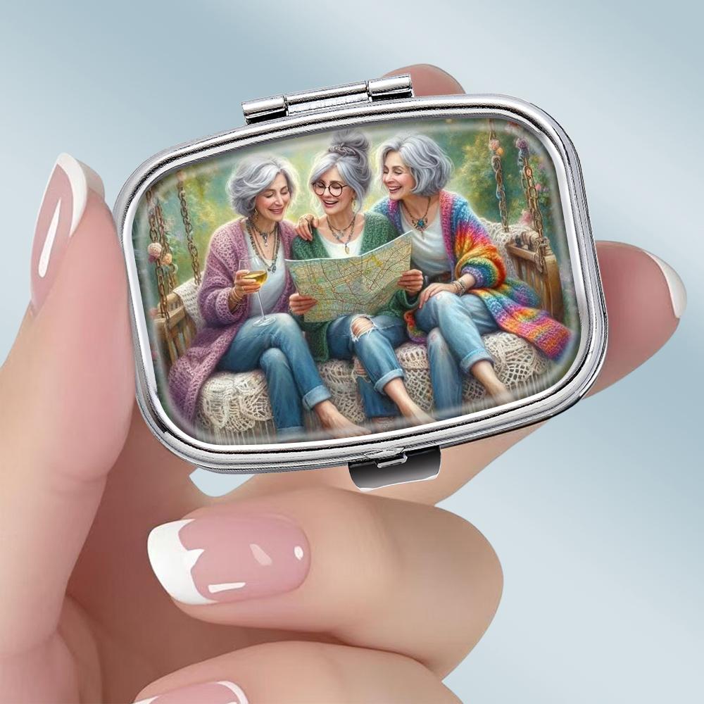 Portapillole Portatile con 2 Scomparti, Mini Custodia Organizer in Metallo per Medicine, Carino Contenitore Stampato per Pillole, Vitamine, Gioielli, Viaggio, Uso Quotidiano