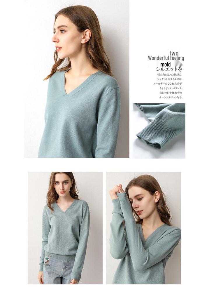 Leichter V-Ausschnitt Strickpullover - Damen einfarbiger Pullover für Frühling & Herbst