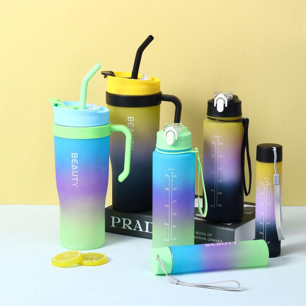 40oz Gradient Plastic Cup Set: Large Capacity, Portable Handle, Ice King Cup with Straw & Lanyard