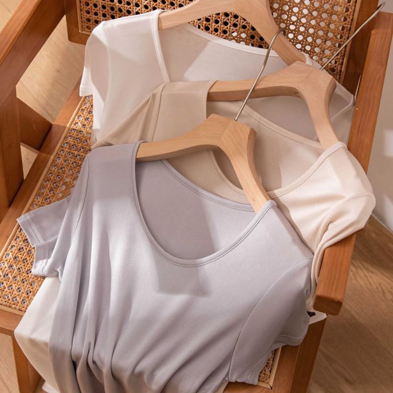 Womens Silk Short Sleeve T-Shirt Loose Round Neck Sleepwear Top Breathable Soft Mulberry Underlayer