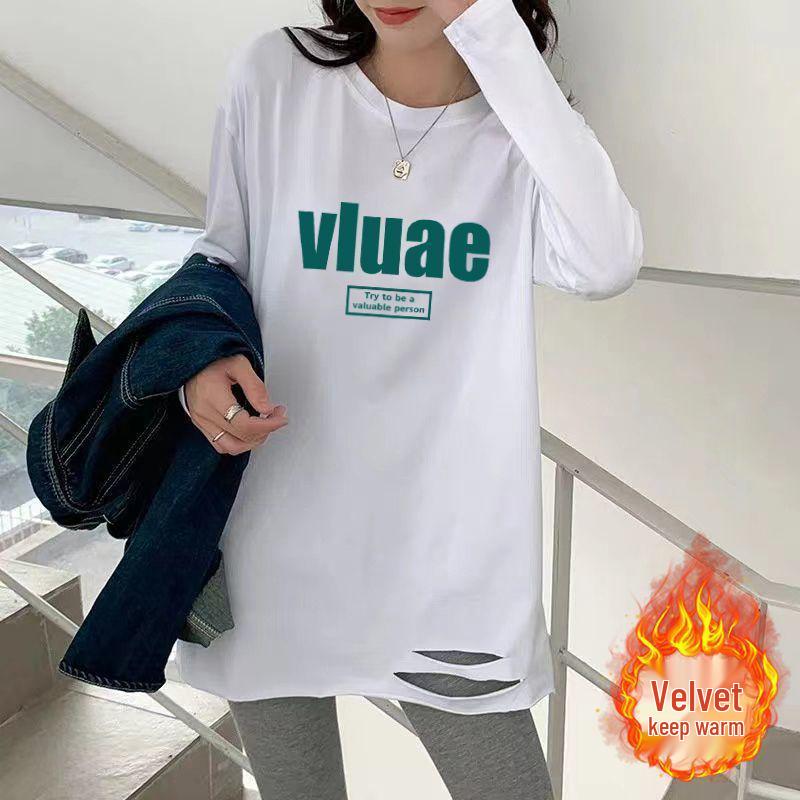 Mittelanges Damen-T-Shirt mit Rissen - Frühjahr/Herbst 2025, Koreanischer Stil Langarm-Oberteil