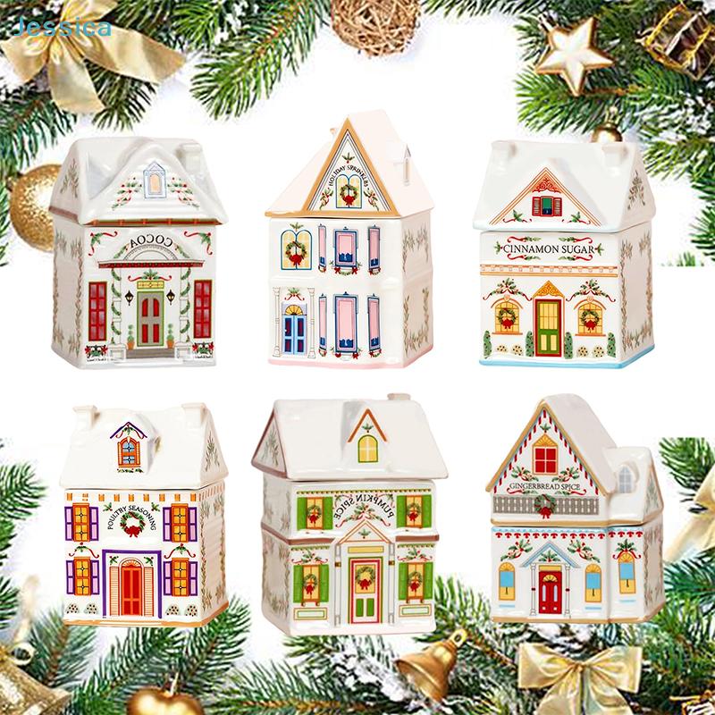 Christmas Holiday Village Spice House Set-Mini Gingerbread Houses Jars Festive Decor Kitchen Countertop Christmas Candle