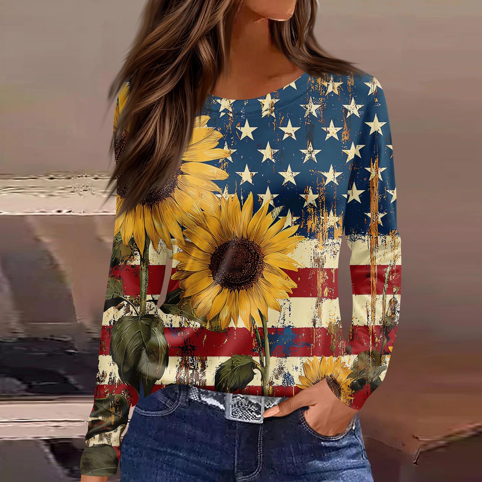 

Women s Fashion Long Sleeve Top with Side Split Hem and Round Neckline Featuring Independence Day Print Suitable for Casual Wear XL жовтий