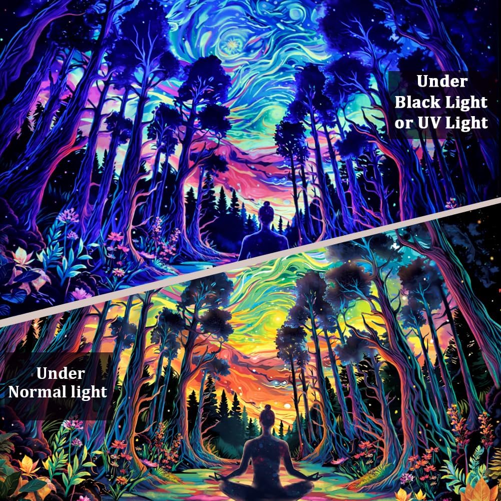 Heopapin Blacklight Psychedelic Forest Meditation Tapestry UV Reactive Cosmic Galaxy Starry Sky Wall Art Tapestry Trippy Yoga Spiritual Chakra Wall