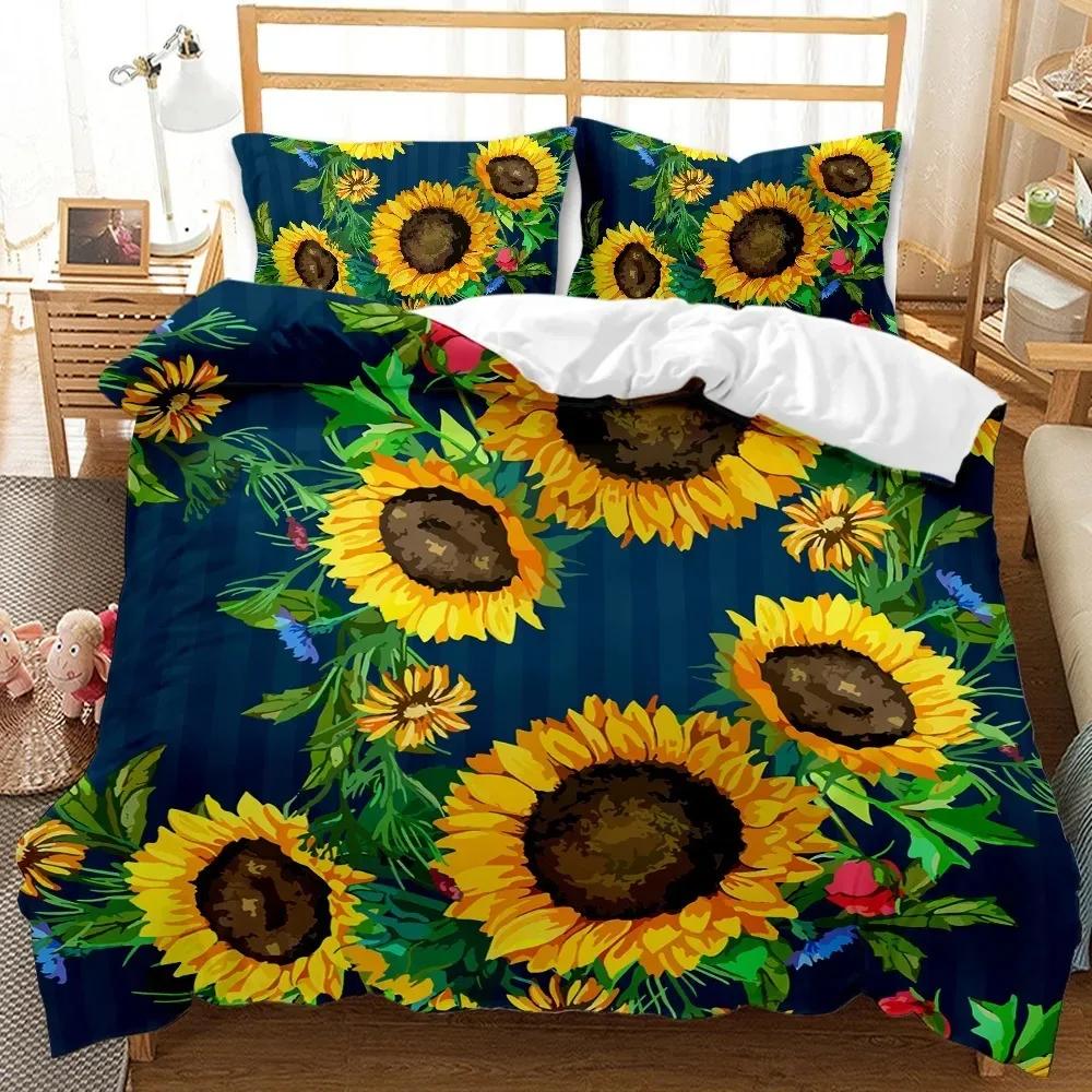 Solros Påslakanset Gul Blomma Sängkläder Set Solros Botanisk Blommig Trädgård Blomtryck på Svart Polyester Quiltöverdrag