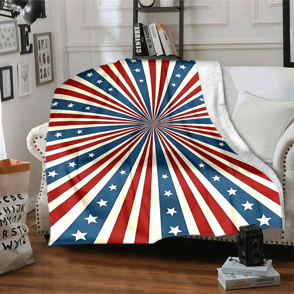 1pc Blue Red Stars Stripes Blanket, Lightweight Flannel Throw Blanket for Sofa, Bed, Travel, Camping, Living Room, Office, Couch030