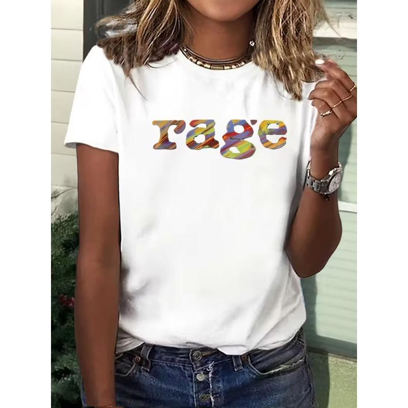 Damen 90er Y2K Retro T-Shirt Rage Print Ikonische Farben Oversized Rundhals Party Lässiges Top