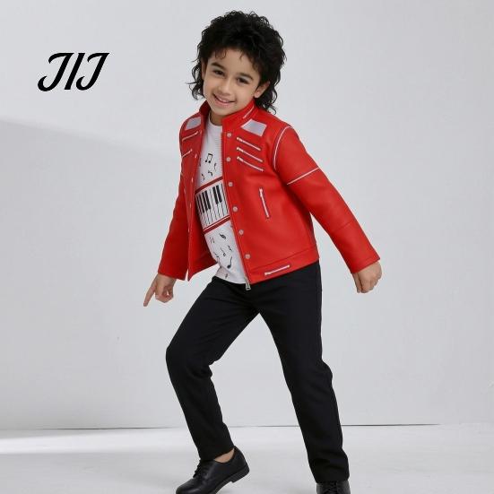 Themenparty Kostüm 1 Set Retro Popstar für Jungen, 80er 90er Star Outfit Musik Thema Halloween Kostüm, Rote Jacke, Hemd und Hose Bühnenauftritt