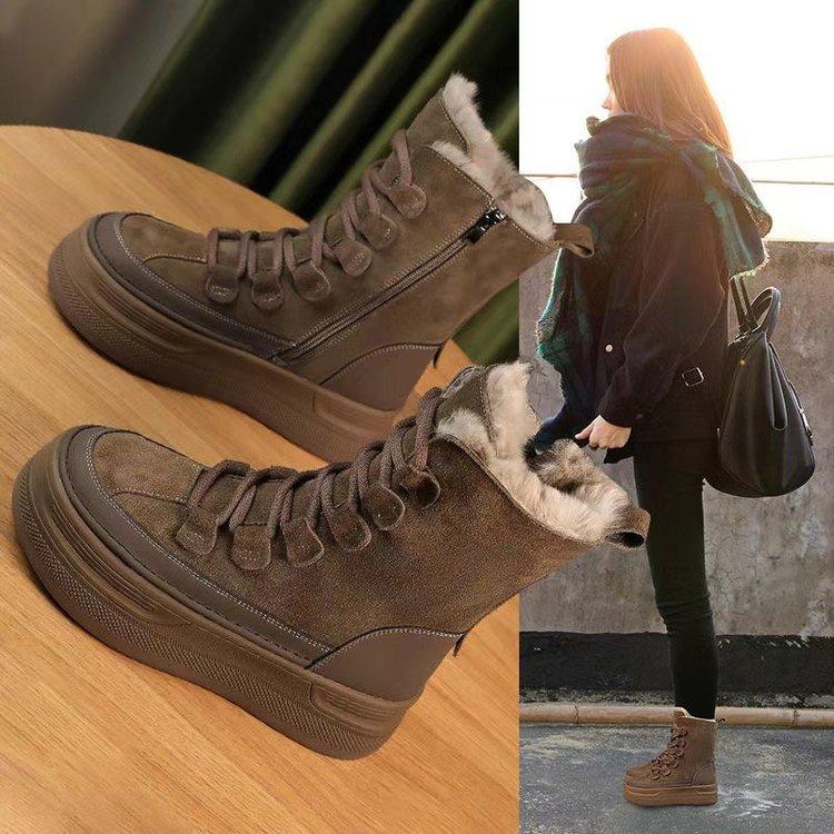 Botas de Neve de Inverno da Moda para Mulheres com Pelo de Pelúcia Quente Sapatos Redondos com Cadarço Cruzado Botinhas de Cano Curto