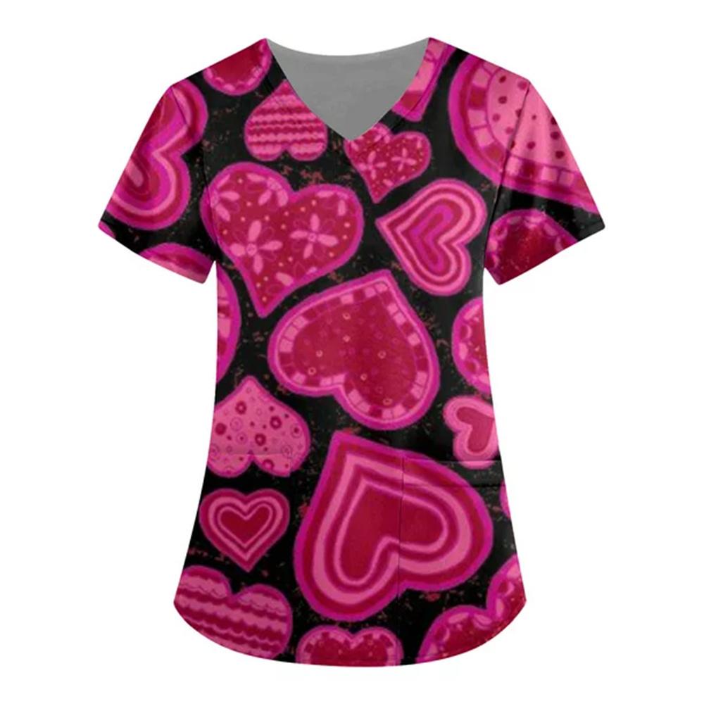 Women Valentines Day Ladies Nurse Uniform Love Print Gradient Short Sleeve Pocket Work Shirt Tunics Carer Medical Nursing Blouse