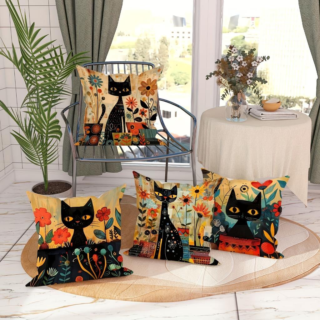 Vintage Schwarze Katze und Blume Kissenbezug Mittelalterliches Abstraktes Design Tägliche Heim Sofa Dekoration Kissenbezug