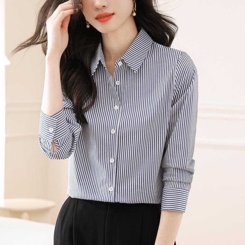 Women's 2025 Autumn Vertical Striped Long Sleeve Shirt - Korean Style Slimming Professional Top
