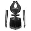 Damen Latin Dance Fransenkleid Cutout Ärmellos Träger Taille Quasten Saum Paillettenkleid mit Langen Handschuhen