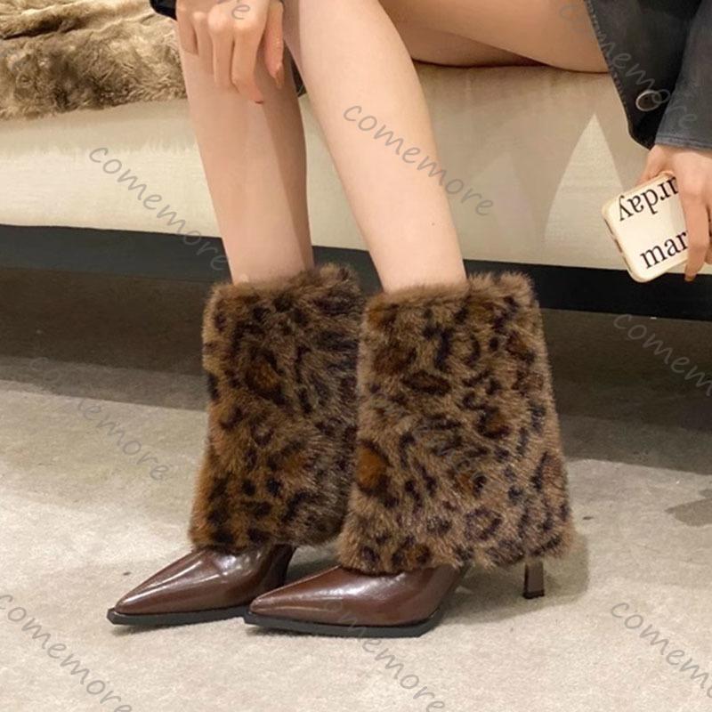 Fashion Comemore Autumn Winter Pointed Sexy Leopard Print Fur Boots for Women Padded Warm Temperament High-heeled Short Bota Feminina