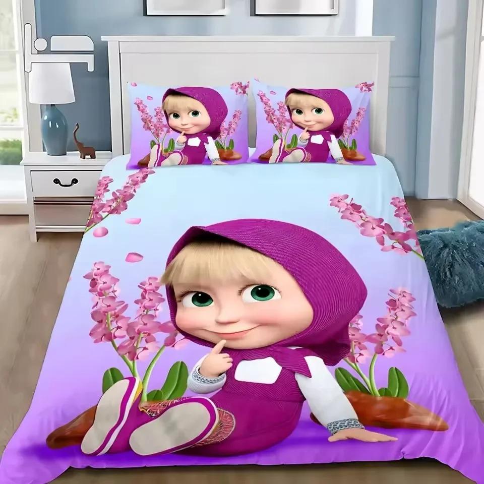 

Маша та Ведмеді 3D-друкована наволочка для ковдри Наволочка Комплект постільної білизни Твін Фул Квін Кінг Для декору спальні EU Single(135*200cm)3pcs