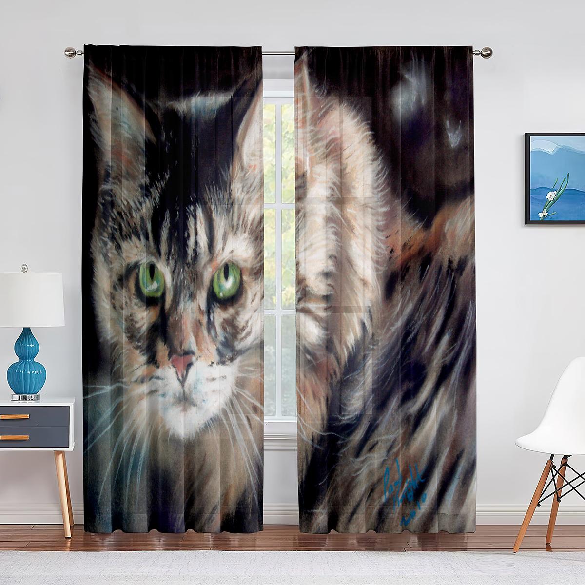 Милый кот акварельная живопись искусство цветочные прозрачные вуали шторы для спальни — фото 15