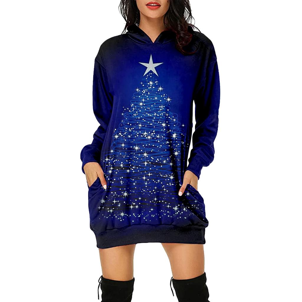 Women's Fashion Christmas Printed Pockets Long Sleeve Hoodies Pullover Dress