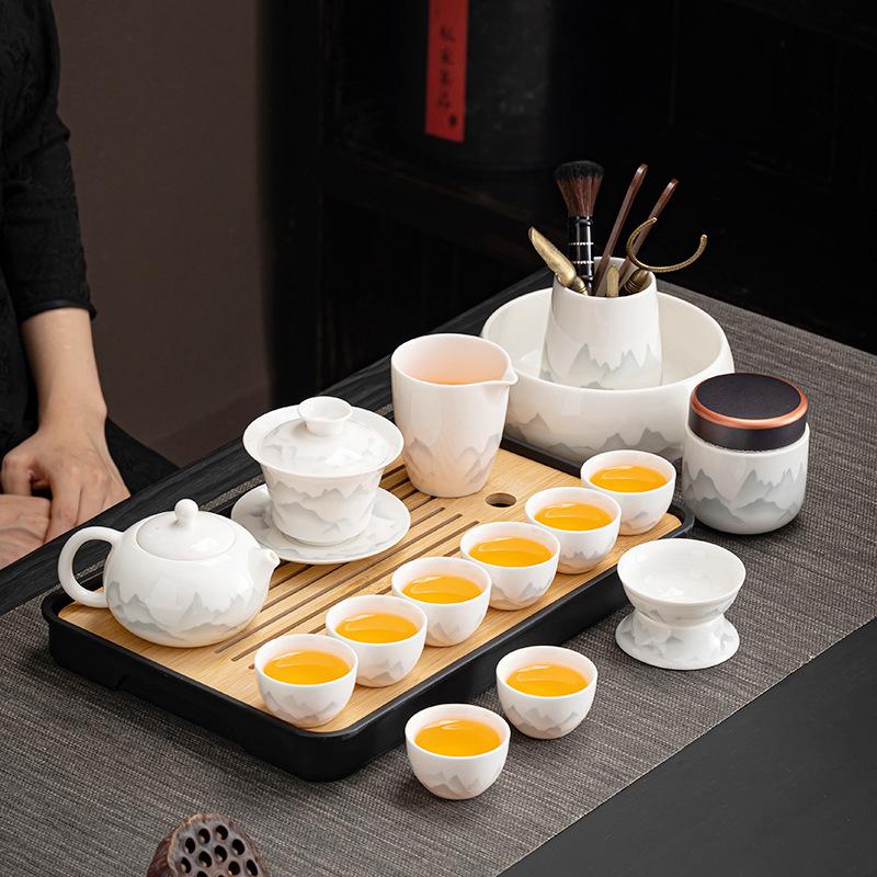 High-end tea set, ink, suet jade, kung fu white porcelain set, high-end teapot for home use, holiday gift