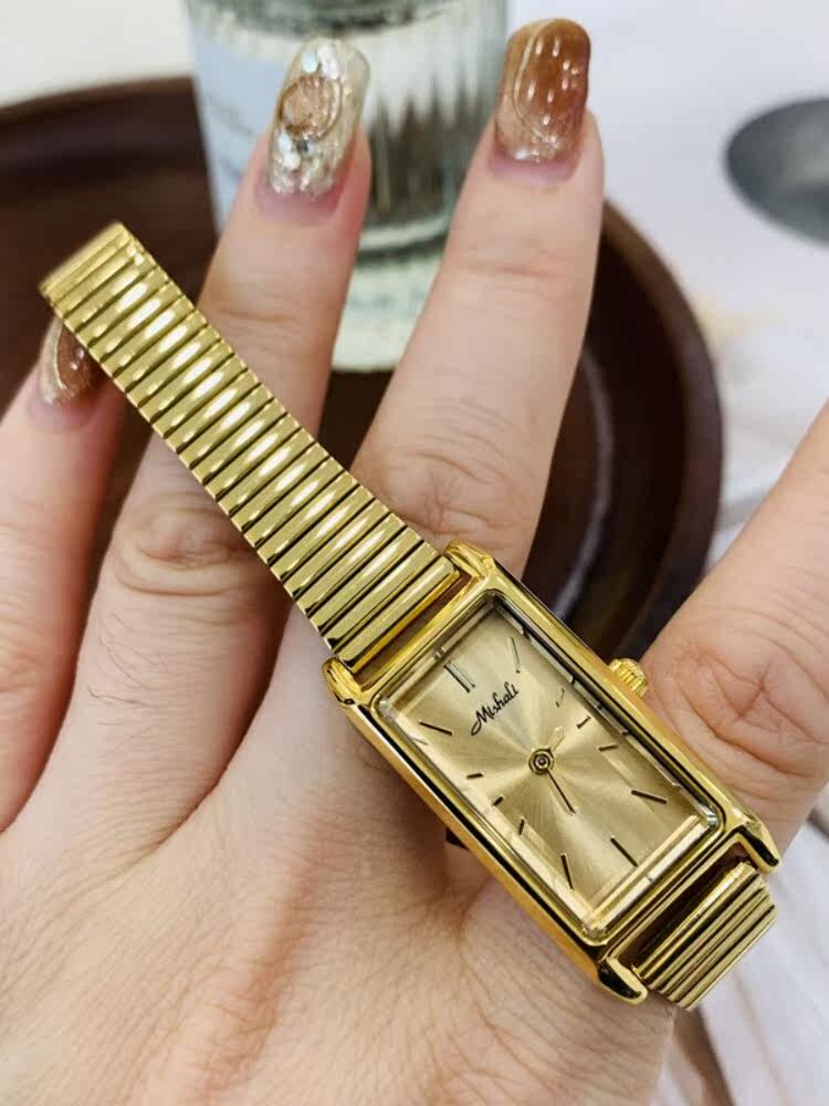 New Gold Watch, Rectangular, Simple Design With Bamboo-Shaped Steel Strap, Vintage And Retro Style, A Perfect Gift For Women.