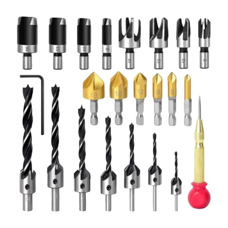

23Pcs Woodworking Hole Set Countersink Drill Caps Center Punch Chamfer Drilling Tool Cork Drill Set for Woodworking 1
